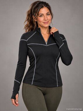 Athleta Black Contrast Seam 1/4 zip Pullover Running Top M Thumbholes